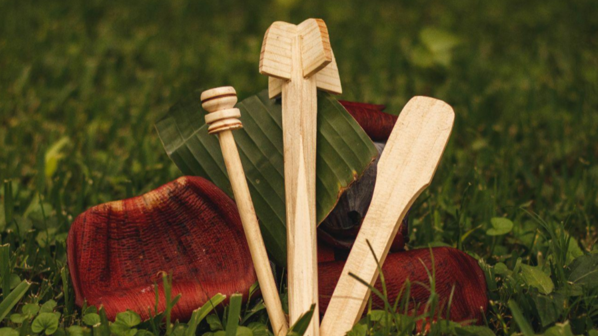 Molonillos: Traditionelle Milchaufschäumer aus Holz auf einer Wiese vor Blüten